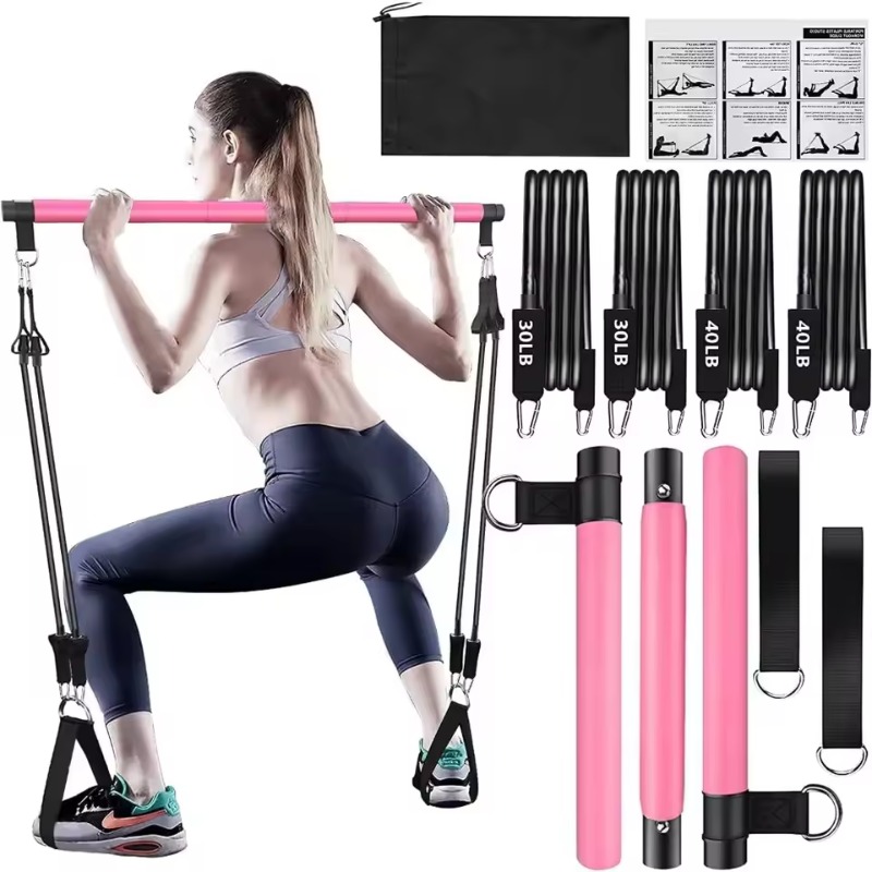 Pilates Yoga Barı - ชุดอุปกรณ์พิลาทิสพร้อมแถบยางยืดแบบซ้อนได้ อุปกรณ์ออกกำลังกายสำหรับขา สะโพก เอว แขน เหมาะสำหรับผู้หญิงและผู้ชาย