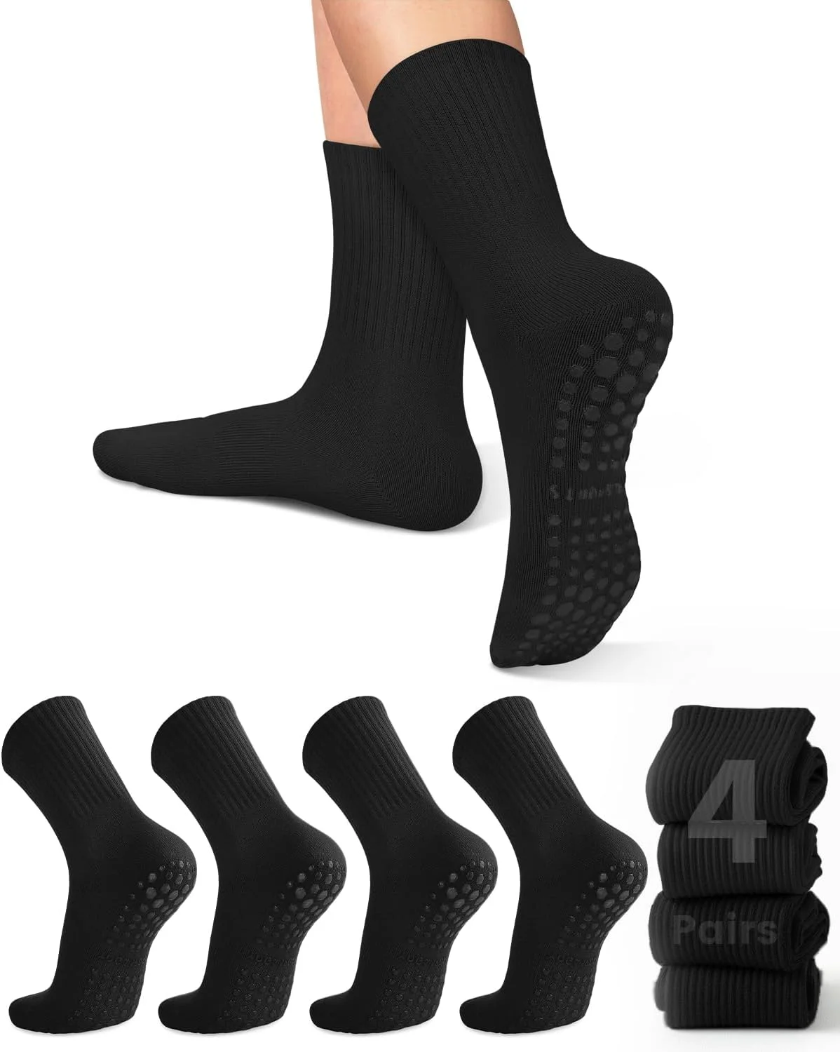 Pilates Yoga Grip Socks - ถุงเท้าโยคะสำหรับผู้หญิง 4 คู่, ถุงเท้าโยคะพื้นรองเท้าสีทึบกันลื่น, ถุงเท้าโยคะพิลาทิสบัลเล่ต์