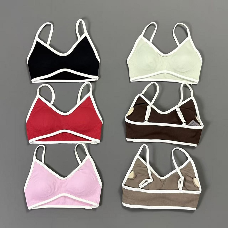 Yoga Strap Cotton - เสื้อชั้นในโยคะแบบมีสายรัดคอวีสีขาวขอบบางไร้โครงเสริมฟองน้ำสำหรับออกกำลังกายทุกวัน ฟิตเนส ครอปท็อป