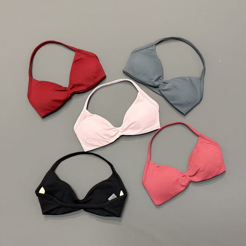 Yoga Strap Cotton - เสื้อชั้นในกีฬาแบบผูกคอสำหรับผู้หญิง คอวี มีฟองน้ำเสริม ถอดออกได้ เนื้อผ้านุ่มลื่น ไร้ตะเข็บ