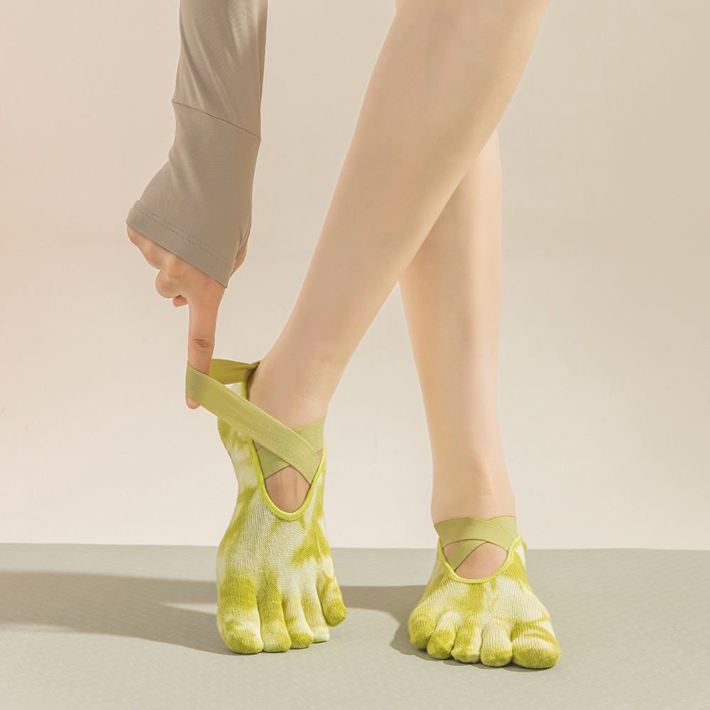 Pilates Yoga Grip Socks - ถุงเท้าโยคะแบบมีสายรัดห้านิ้วสำหรับผู้หญิง, ถุงเท้าพิลาทิสแบบแยกนิ้ว, ถุงเท้าผ้าฝ้ายระบายอากาศกันลื่นสำหรับกีฬาในร่ม