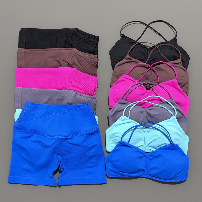 Yoga Strap Cotton - ชุดออกกำลังกาย 2 ชิ้นสำหรับผู้หญิง เสื้อครอปท็อปโยคะ กางเกงขาสั้นเอวสูงแบบรัดรูปไร้ตะเข็บ ชุดฟิตเนส